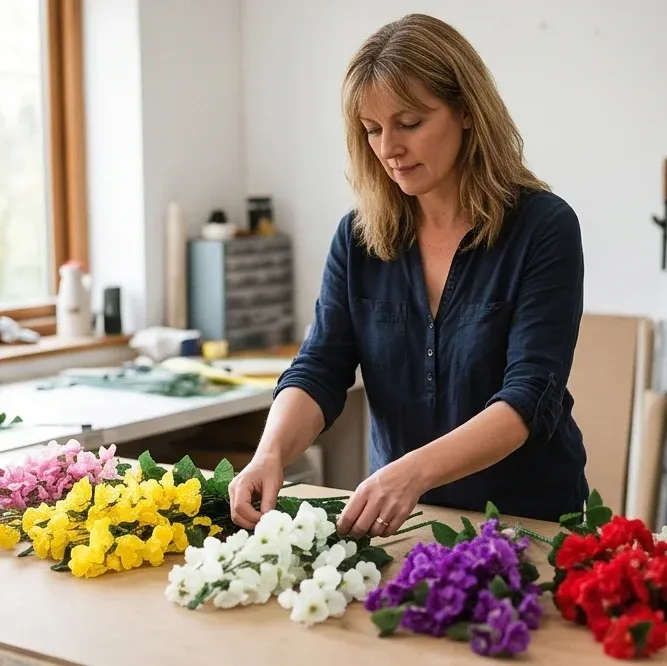 Une créatrice arrange ses bouquets colorés près de la fenêtre.