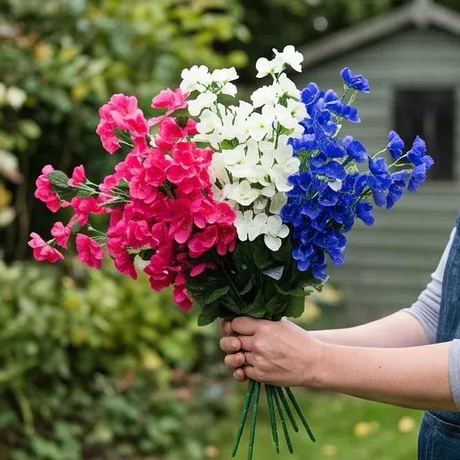 Un bouquet rose, blanc et bleu tenu près d'une cabane de jardin.