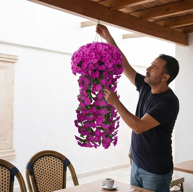 Plante suspendue artificielle à fleurs roses et violettes, décoration — best — photo 5